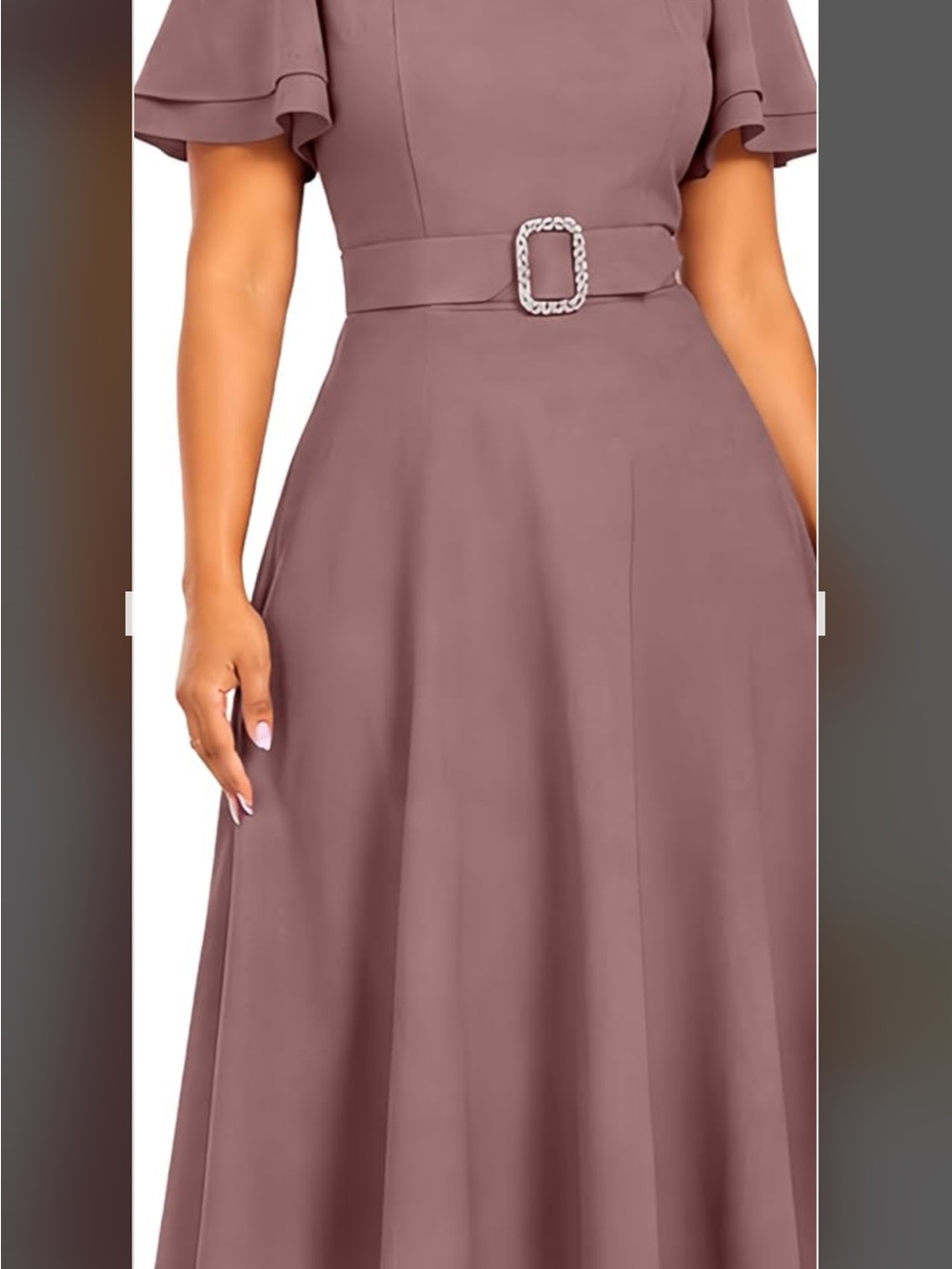 Mauve Belted Midi Dress with Flutter Sleeves